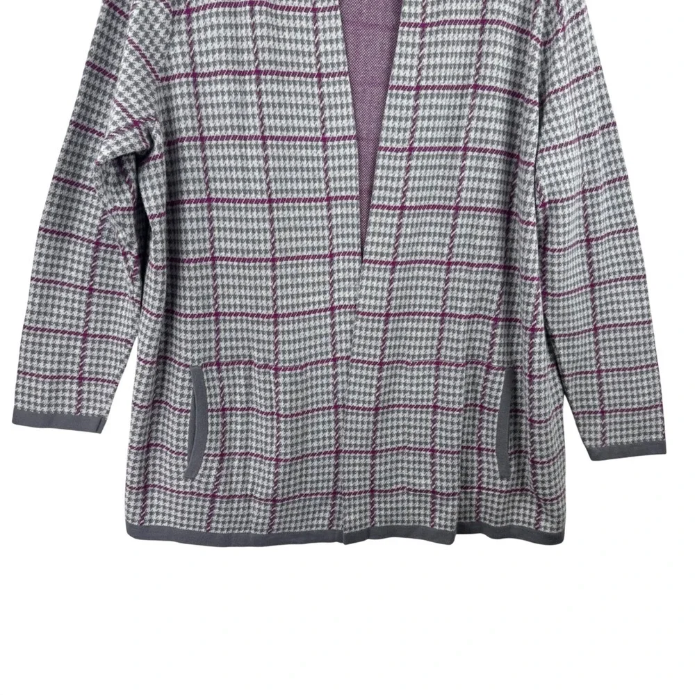 Lands End Cardigan Womens 1X Gray Purple Plaid Houndstooth Open Front Sweater